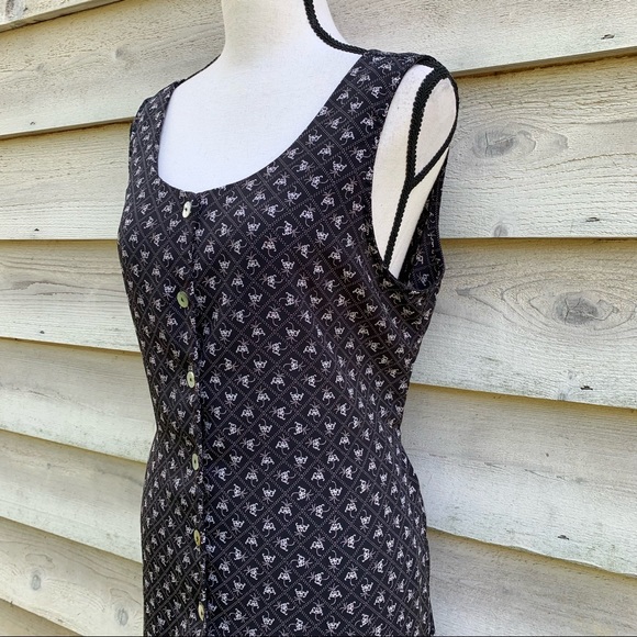 Vintage 90s Black Diamond Monogram Print Button Up Sleeveless Casual Maxi Dress - Picture 5 of 16